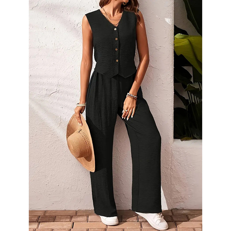 Womens Two Piece Outfits Summer Fashion Button V Neck Crop Vest Blazer And Wide Leg Pants Suit Matching Sets CJ US