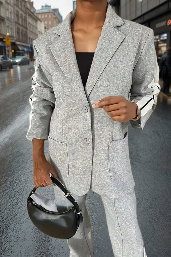 Women's New Fashionable And Elegant Women's Suit Top&pants Set - Long Sleeved Pants With Side Striped Details On The Collar, Spring And Autumn Solid Color Casual Wear, Flannel, Suit CJ US
