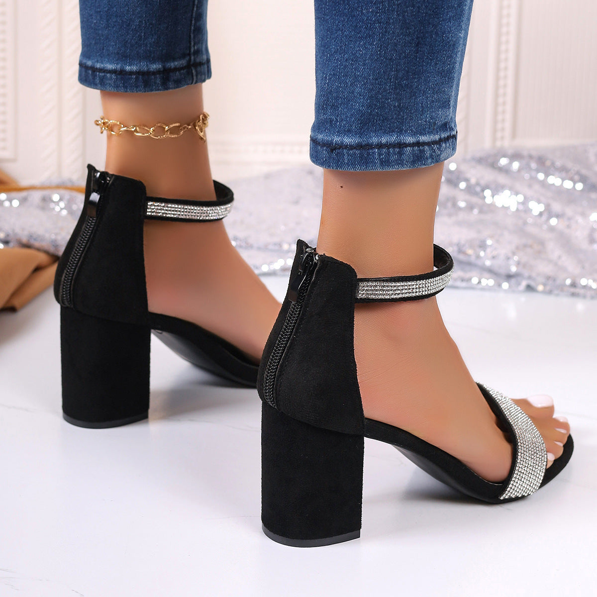 Rhinestone High Heel Sandals Summer Chunky Square Heel Sandals Open Toe Strappy Shoes CJ US