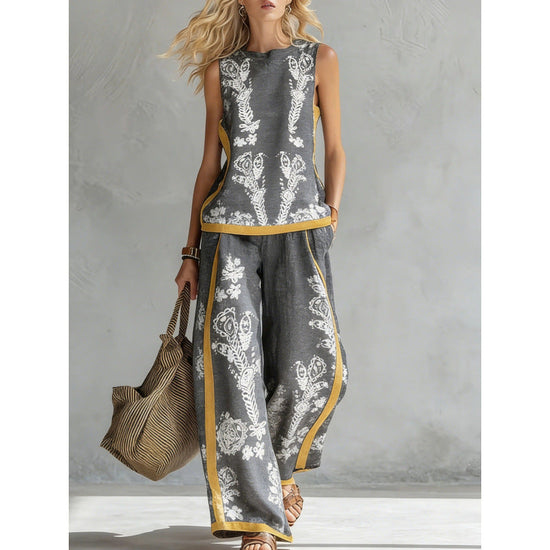 Printed Retro Casual Top Set 