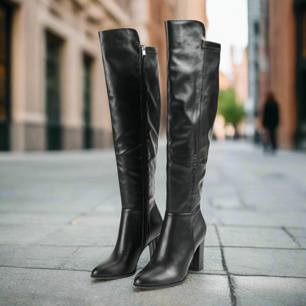 Pointed Toe Chunky-Heel Knee-High Boots – Knee High Leather Boots CJ
