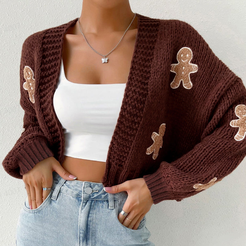 Gingerbread Man Knit Cardigan - Women's Solid V-Neck Ribbed Cuffed Short Sweater, Casual Spring Autumn Polyester Top 