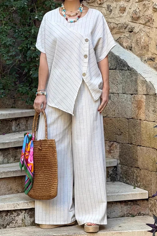 Striped Short-sleeve Shirt And Loose-fitting Pants Two-piece Set 