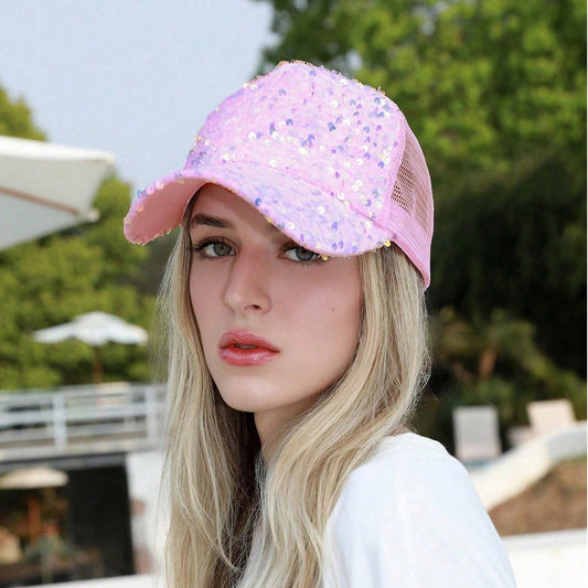 Colorful Sequin-embroidered Mesh Fabric Breathable Beanie With Sunshade Trendy Fashion Style Baseball Cap For Daily Outings, Parties, Outdoor Activities 