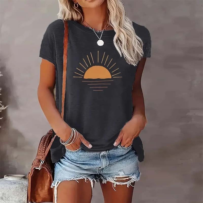 Women's Sunrise Print Round Neck T-Shirt - Casual Short Sleeve Summer Top CJ US