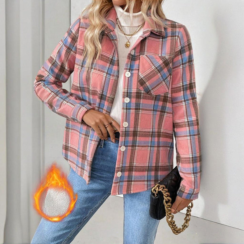Women's Checkered Fleece Lined Shacket, Plaid Button Down Shirt Jacket With Chest Pockets, Fall Winter Outerwear Coat 