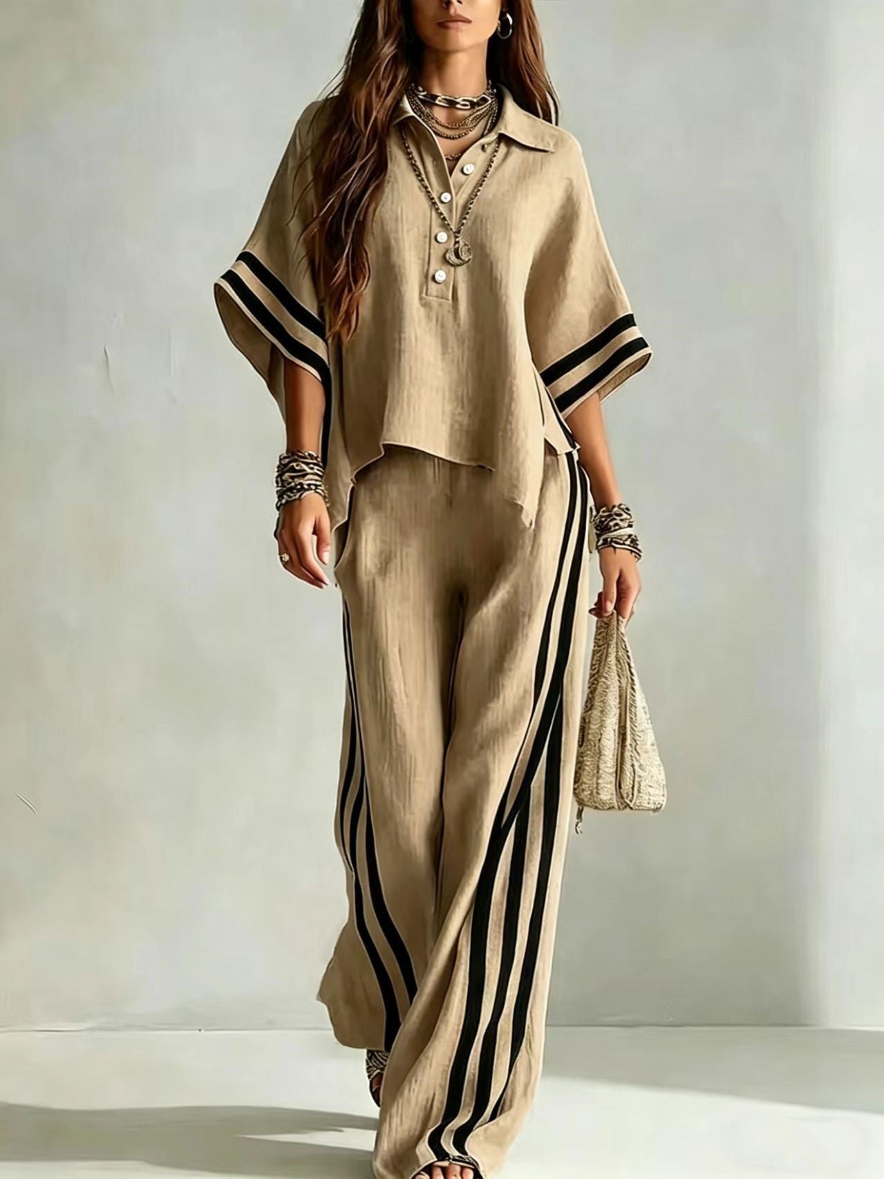 Womens Clothing Short-Sleeve Shirt And Loose Pants Two-Piece Set 