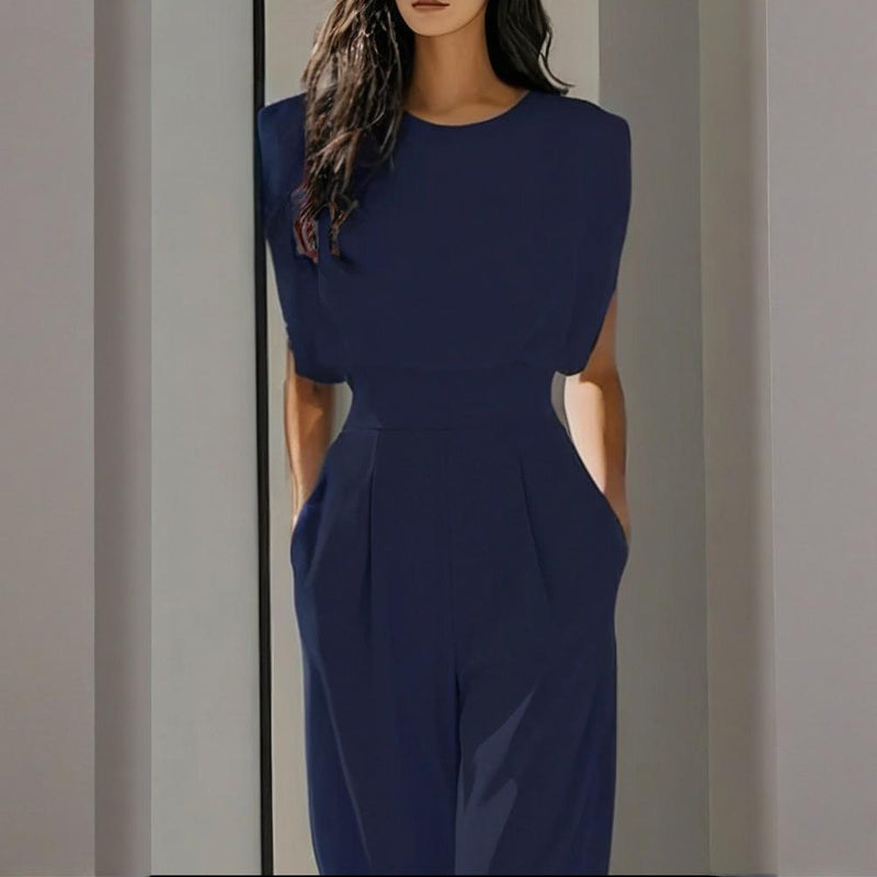 Women's Solid Color Round Neck Short Sleeve Wide-Leg Jumpsuit With Waist Design & Pockets Casual Romper For Spring&Summer CJ US
