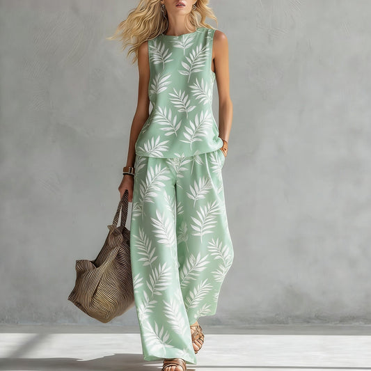 Women's Casual Sleeveless Printed Wide-Leg Pants Two-Piece Set 