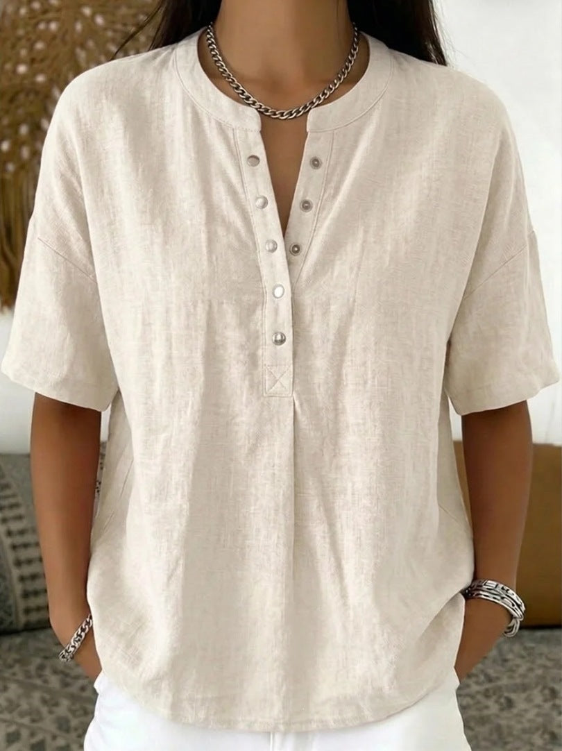 Solid Color Casual Pullover Short-Sleeve Shirt For Women 