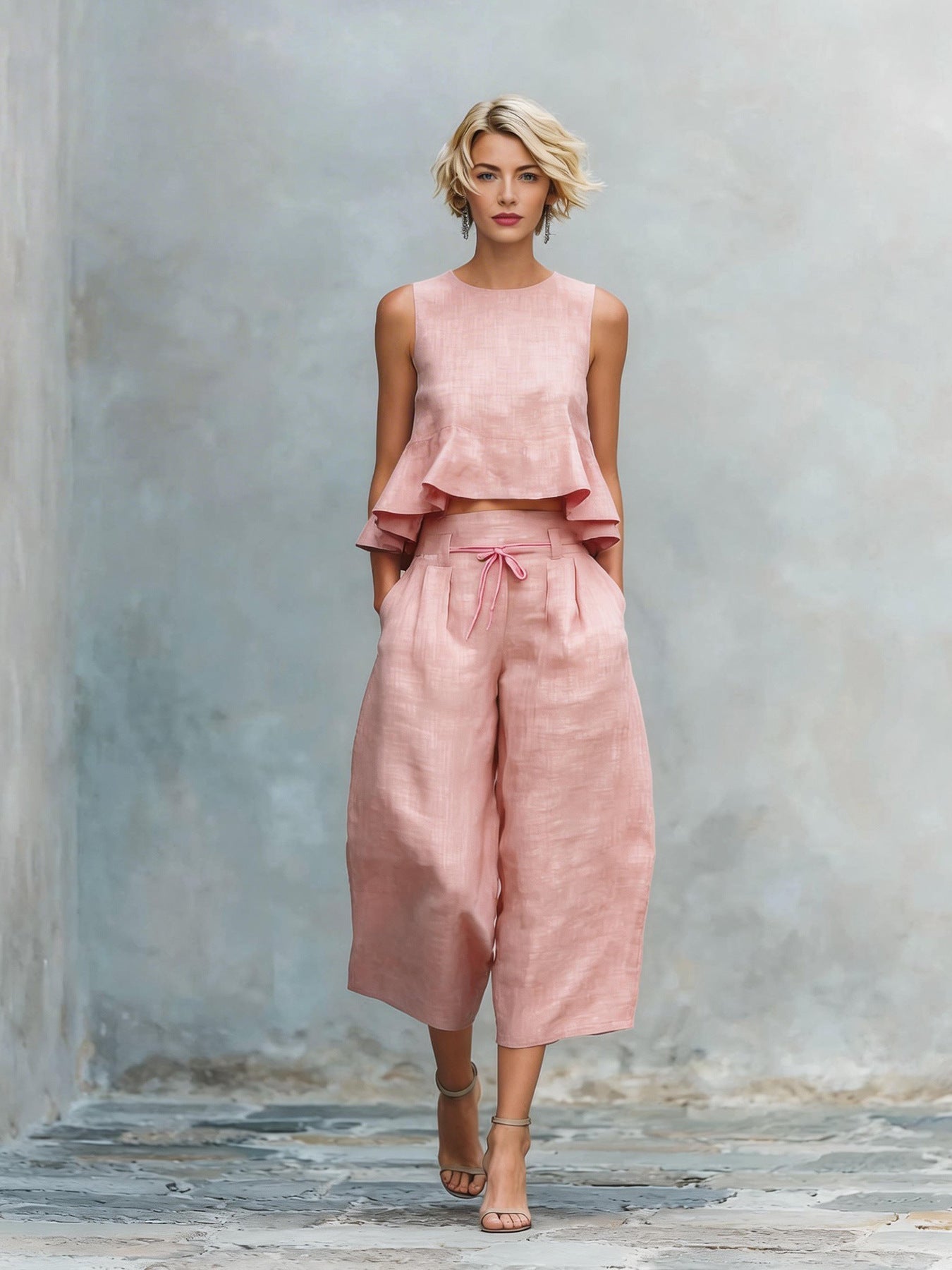 Womens Linen-blend Two-piece Set With Ruffled Detailing 