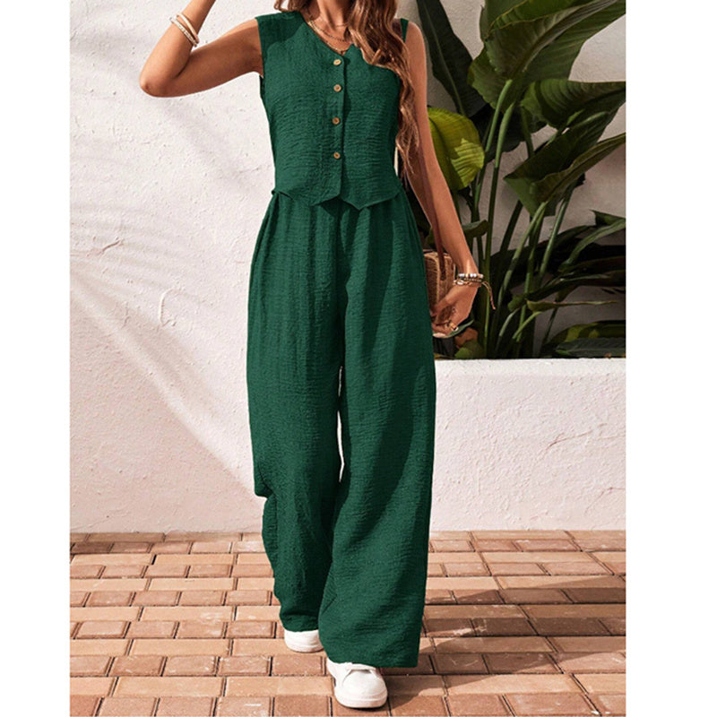 Womens Two Piece Outfits Summer Fashion Button V Neck Crop Vest Blazer And Wide Leg Pants Suit Matching Sets CJ US
