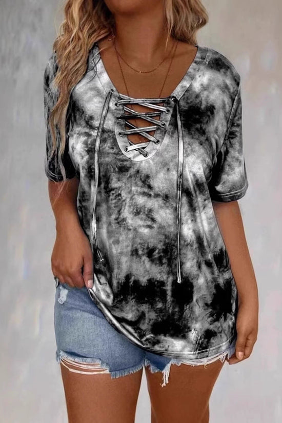 Tie-dye Printed Drawstring Casual Fashion Short-Sleeve T-Shirt 