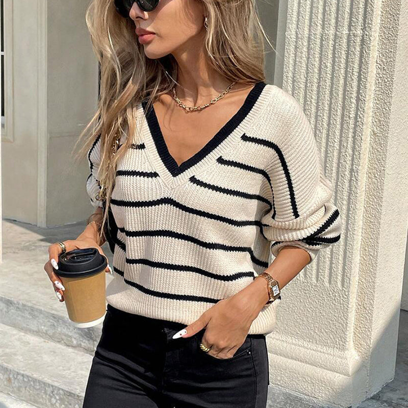 Women's Elegant Striped V-Neck Sweater, Back Tie Bow Detail Loose Fit Pullover For Spring And Fall 