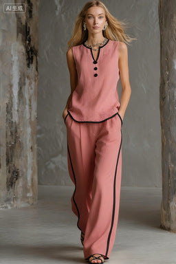 Sleeveless V-Neck Black Trim Contrast Color Simple Womens Top And Wide-Leg Pants Set 