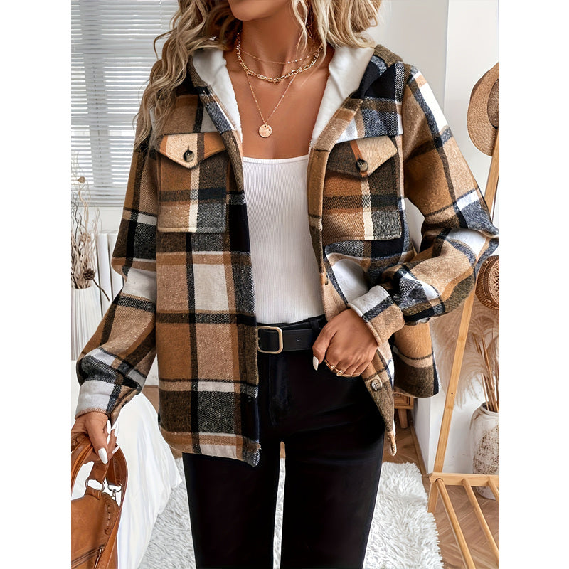 Women's Plaid Fleece Lined Hooded Jacket Button Front Long Sleeve Coat With Pocket For Autumn & Winter CJ US