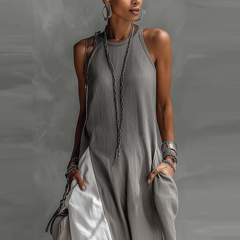 Womens Sleeveless Loose-Fit Color-Block Casual Off-Shoulder Dress With Pockets 