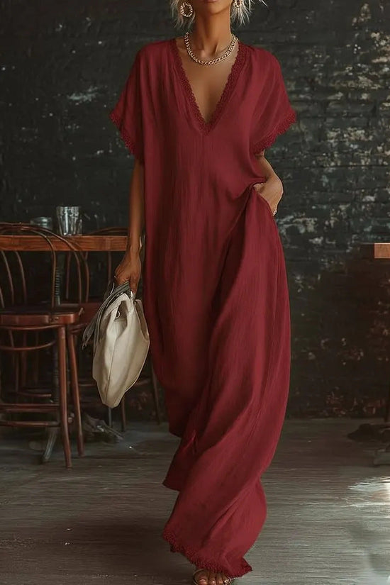 European And American Style Casual Elegant Comfortable Lace-trimmed Loose Linen Cotton Long Dress 