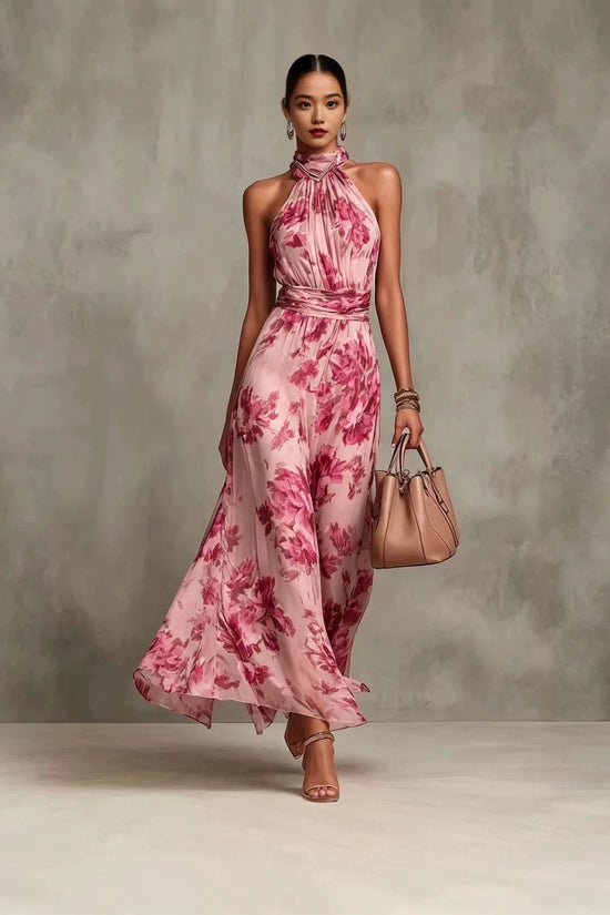 Neck-hanging Printed Chiffon Maxi Dress 