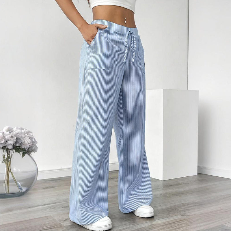 Women's Striped Print Straight Wide Leg Pants Drawstring Waist Slant Pockets Pants Casual Long Pants CJ US