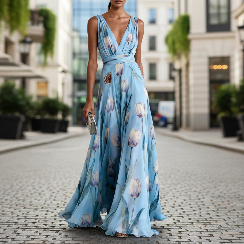 Tulip Print Evening Dress for Women Sleeveless V-Neck Long Dress 