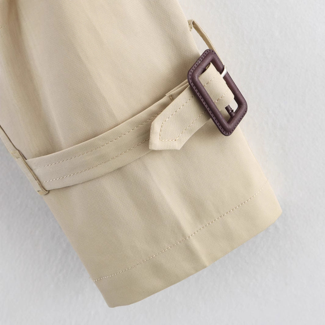 Notch-collar Short Trench Coat For Women With Belt Buckle Detailing 