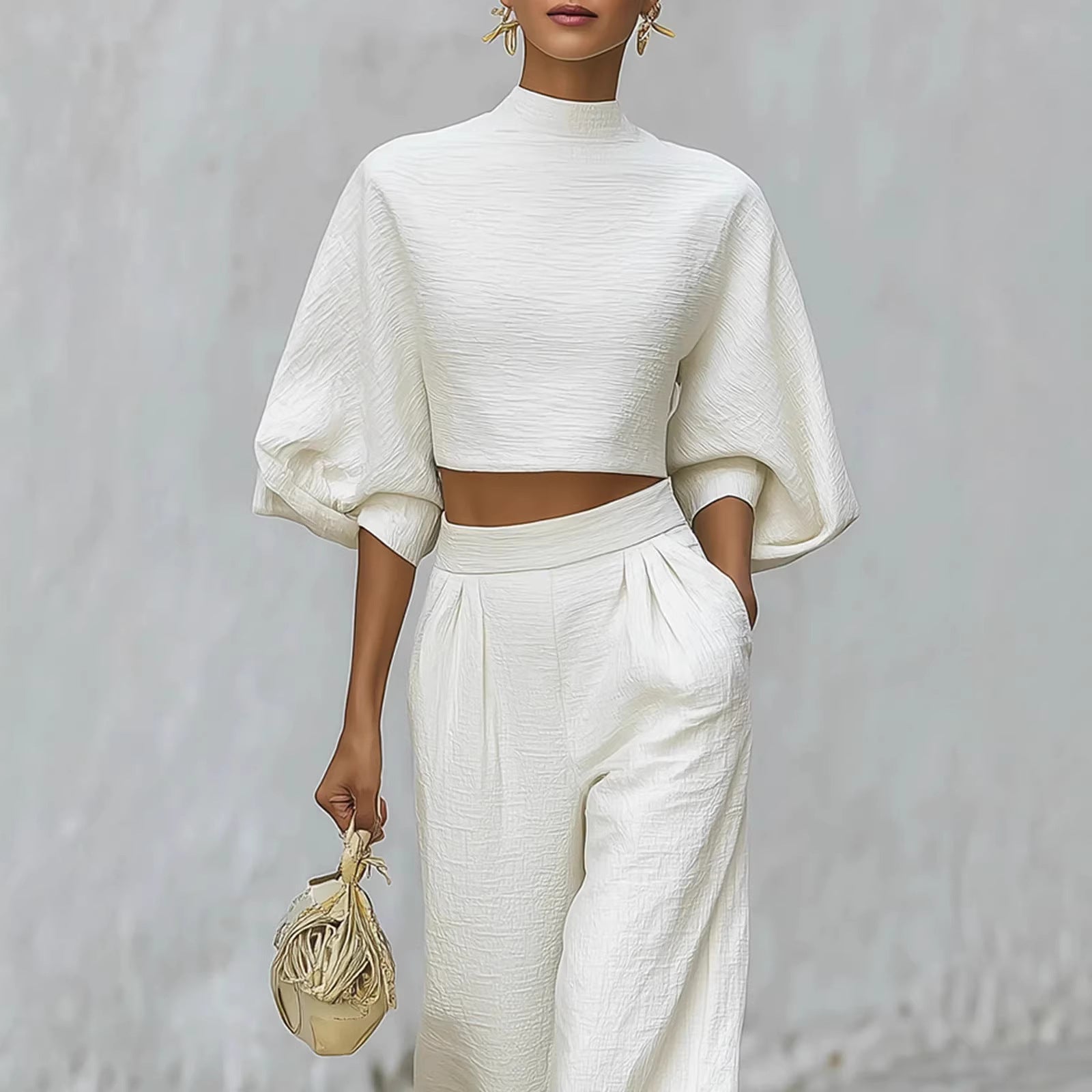 Womens Short Top And High-Waisted Casual Pants Two-Piece Set 