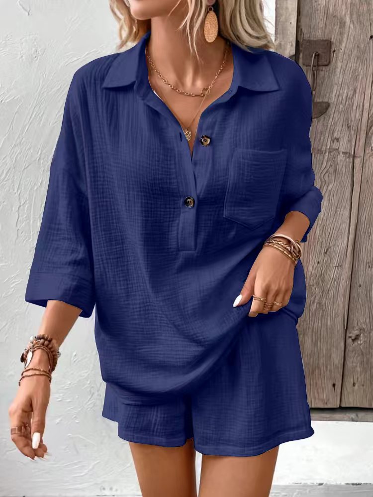 Casual Double-Panel Shirt With Lapel Collar Casual Two-Piece Set 