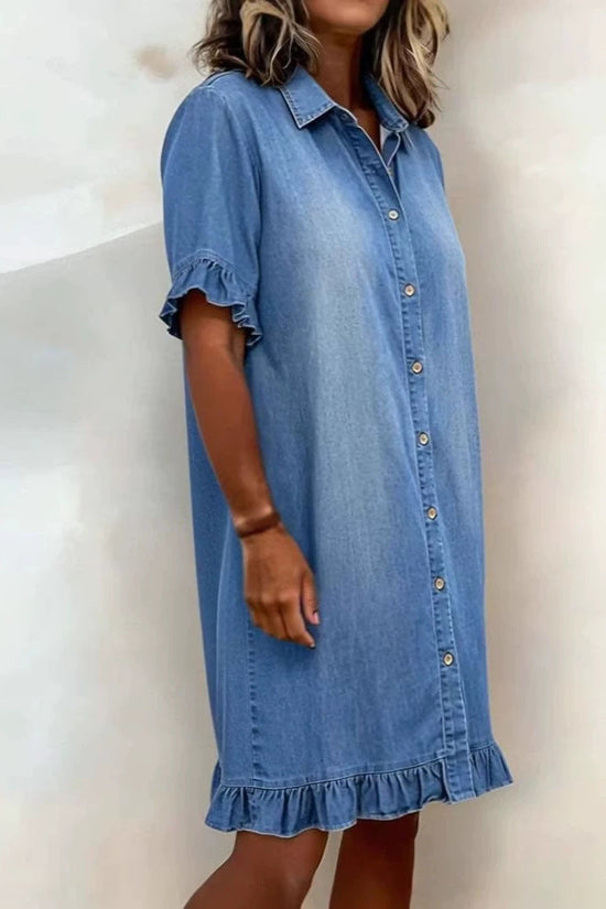 Solid-color Faux Denim Ruffled-edge Shirt Dress 