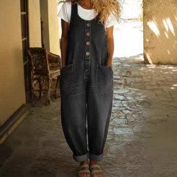 Women's Buckle Jumpsuit Casual Retro Multi-Pocket Overalls Pants 
