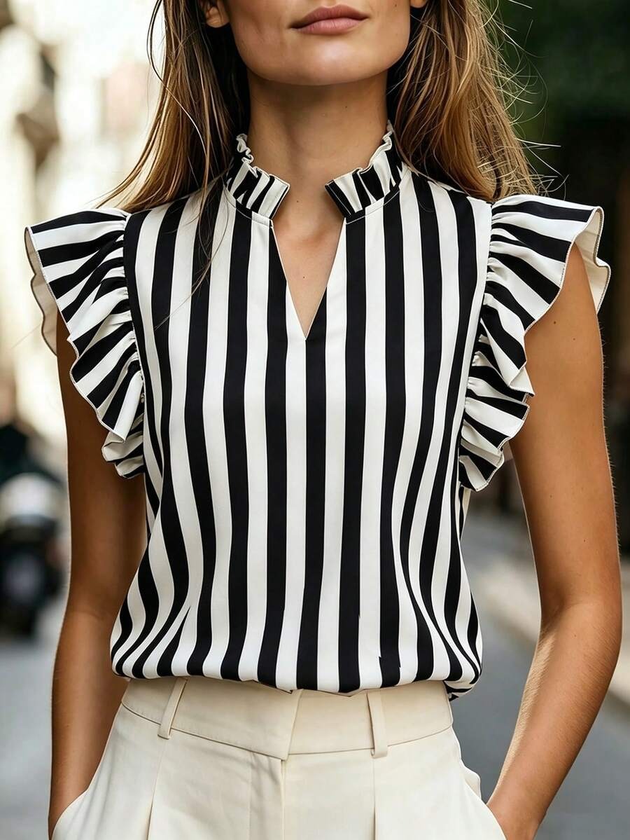 Women's Retro Ruffle-Trimmed Printed Sleeveless Shirt 