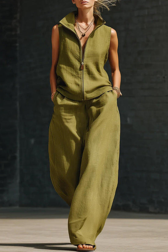 Sleeveless Stand Collar Zippered Linen Cotton Two-Piece Set 