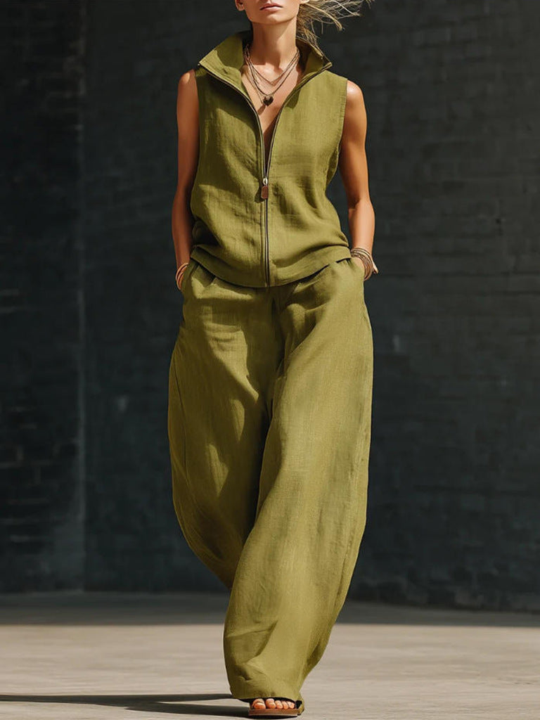 Sleeveless Stand Collar Zippered Linen Cotton Two-Piece Set 