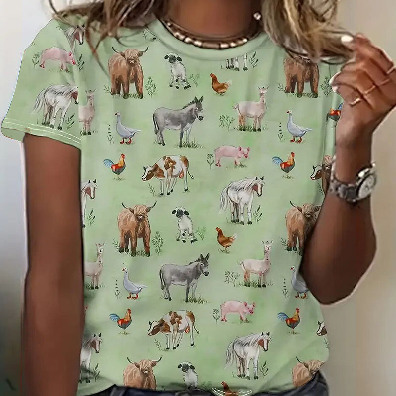 Women's Round Neck All-Over Animal Print Short Sleeve Tee - Cute Summer Casual Top CJ US