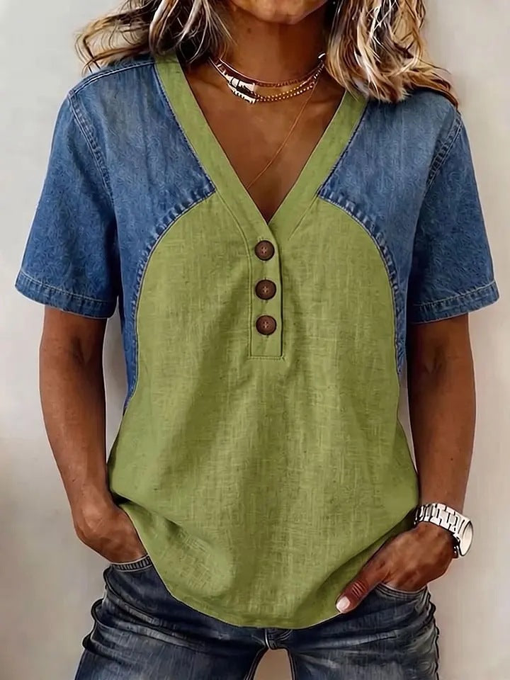 Fashionable Trendy Womens Loose Denim Patchwork T-Shirt 