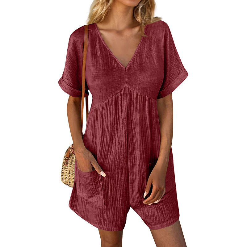 Summer Romper Casual Short Sleeve V Neck Short Jumpsuits CJ US