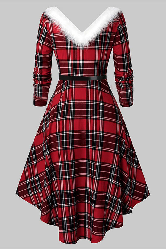 Christmas Women's Fur Patchwork V-neck Long Sleeved Dress CJ