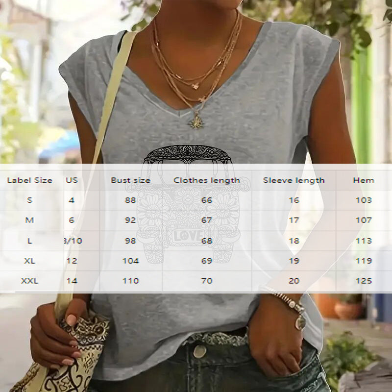 Women's V-Neck Short Sleeve T-Shirt Floral Car Print Summer Casual Top CJ US