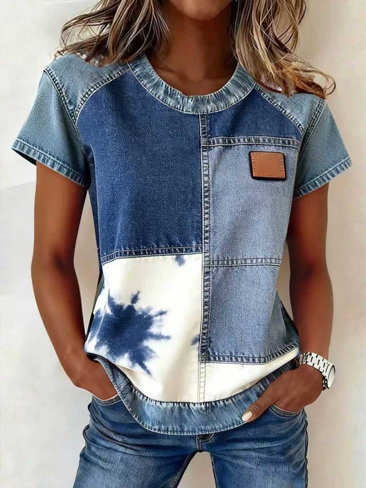 Women's Retro Denim Patchwork Short-Sleeve Shirt – Loose Fit 
