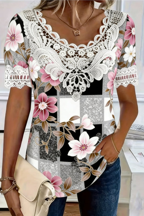 Women's Lace-Patchwork Crew-Neck Short-Sleeve T-Shirt 