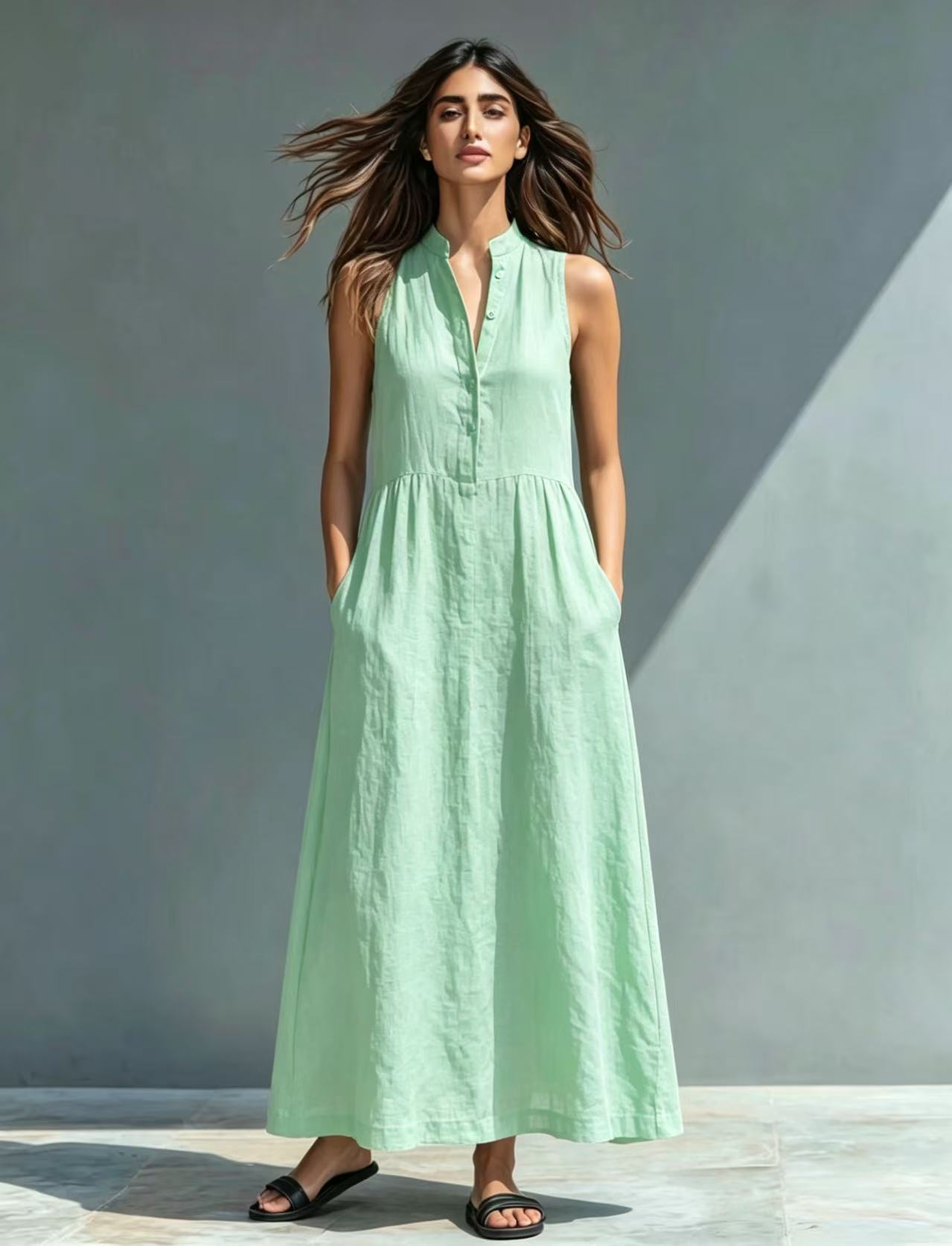 Resort-style Stand-collar Maxi Dress 