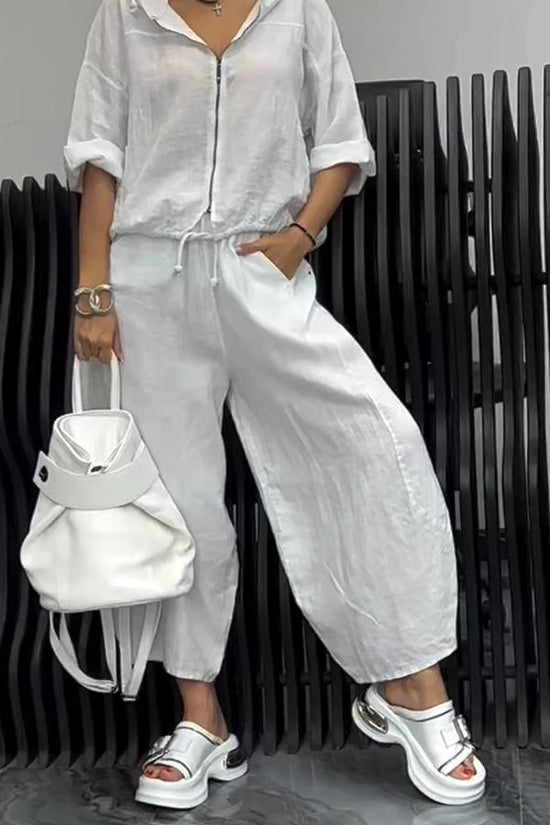Cotton And Linen Womens Casual Fashion Long-Sleeve Top And Pants Two-Piece Set 