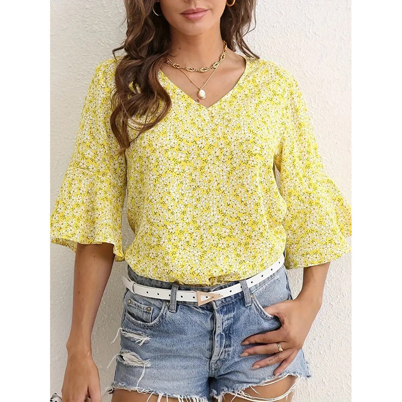Womens Summer Floral Print Blouses V-Neck Flare Sleeve Tops Dressy Casual T-Shirts CJ US