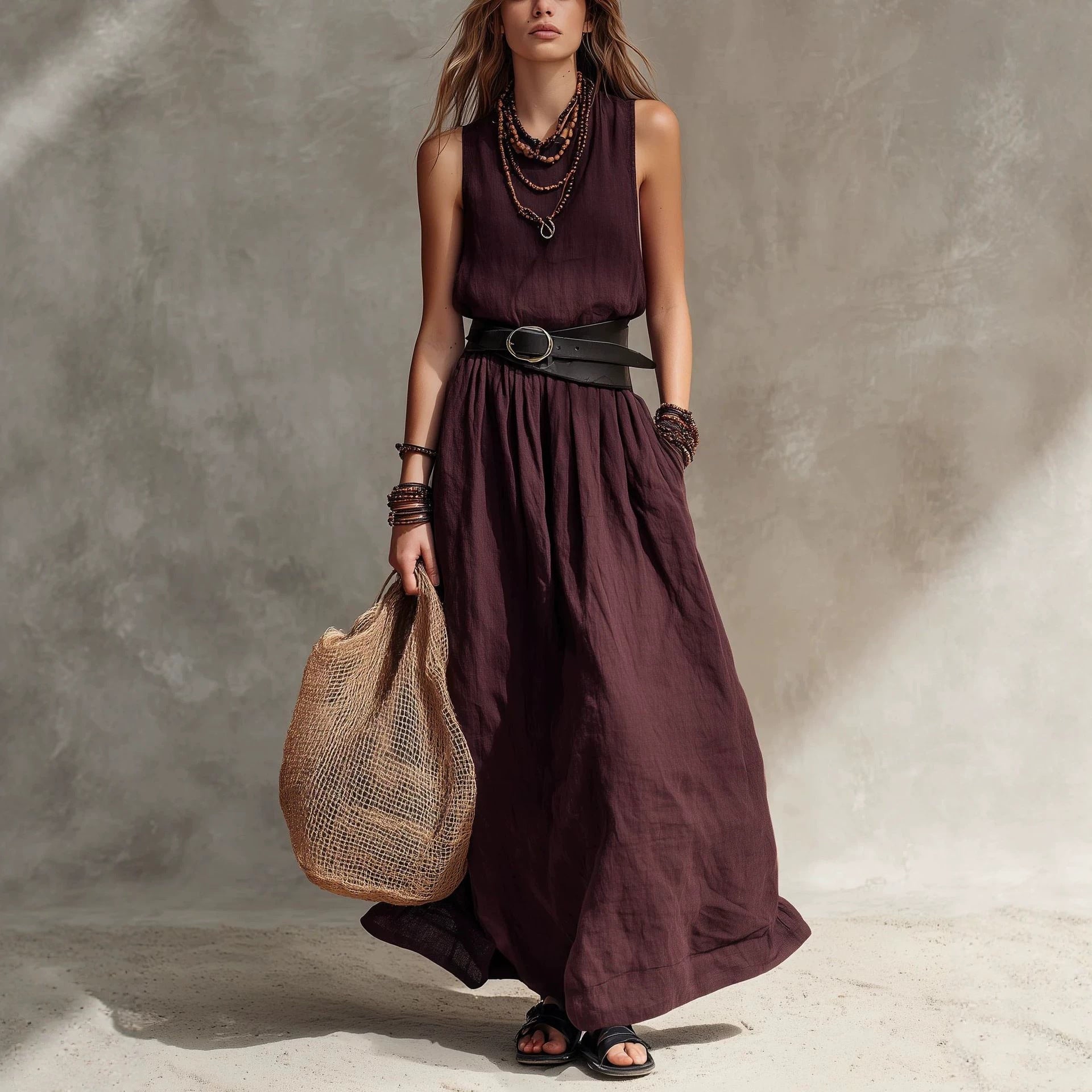 Turn-down Collar Long Sleeveless Dress 