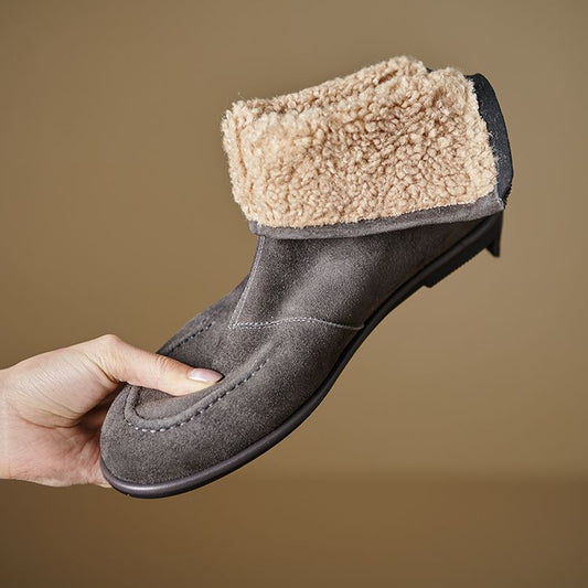 Womens Fleece-Lined Thick Simple Stylish Round-Toe Low-Heel Ankle Boots For FallWinter 