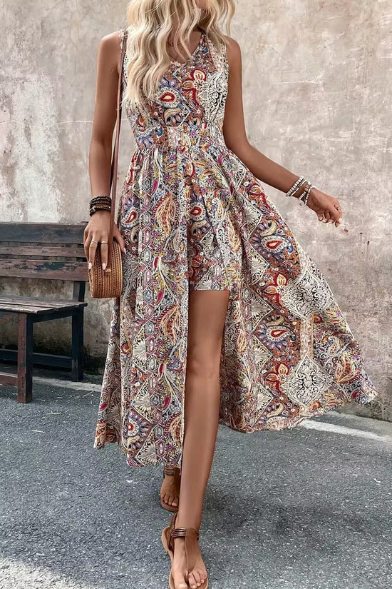 Summer Vacation Casual Chic Fashion Womens Printed V-Neck Sleeveless Jumpsuit 