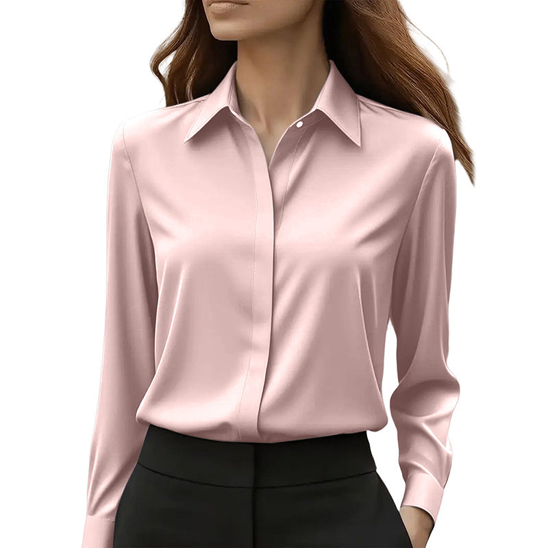 Women's Long Sleeve Satin Blouse, V Neck Loose Fit Tunic Top For Business Casual Office Fall CJ US