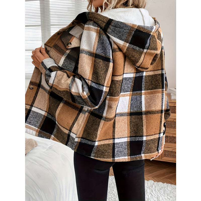 Women's Plaid Fleece Lined Hooded Jacket Button Front Long Sleeve Coat With Pocket For Autumn & Winter CJ US