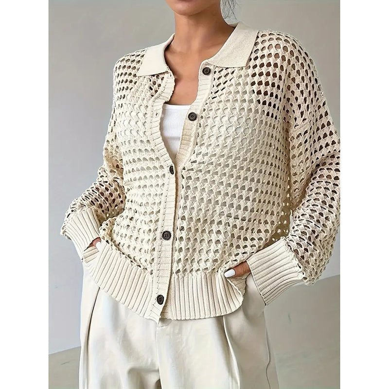 Women's Plus Size Cardigan Lightweight Hollow Out V-Neck Button Down Long Sleeve Knit Coat, 0XL-4XL CJ US