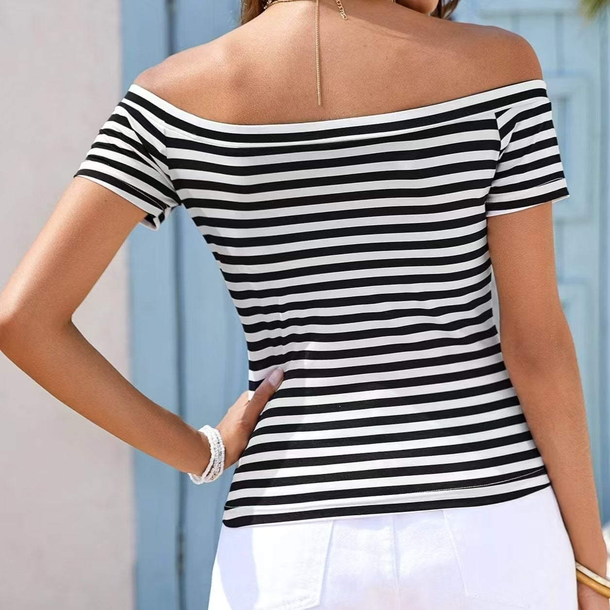 Ladies' Off Shoulder Striped Top Casual One Shoulder Shirt CJ US